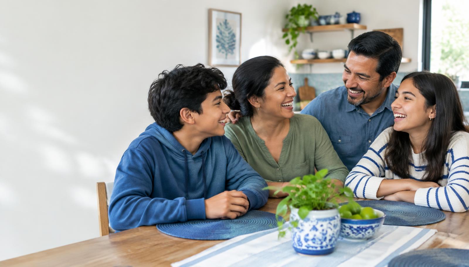 Madre, padre y dos adolescentes conversando y riendo en la mesa de su casa