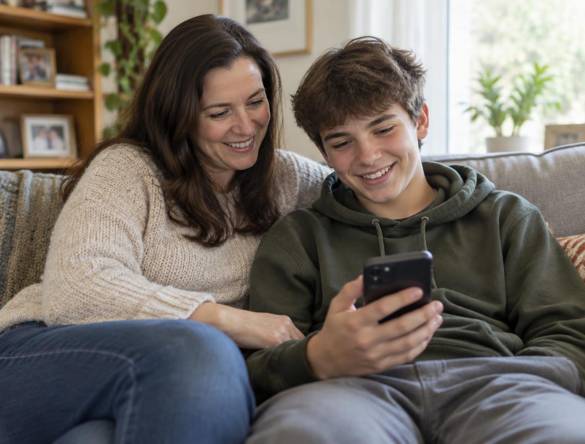 Madre y su hijo adolescente mirando juntos un celular en el sofá
